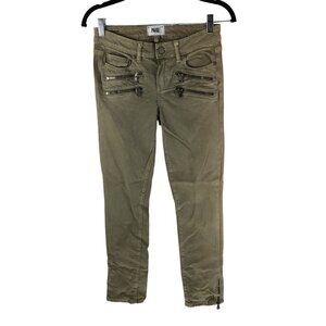 Paige Olive Green Skinny Jeans With Zipper Accents Pockets Size 25